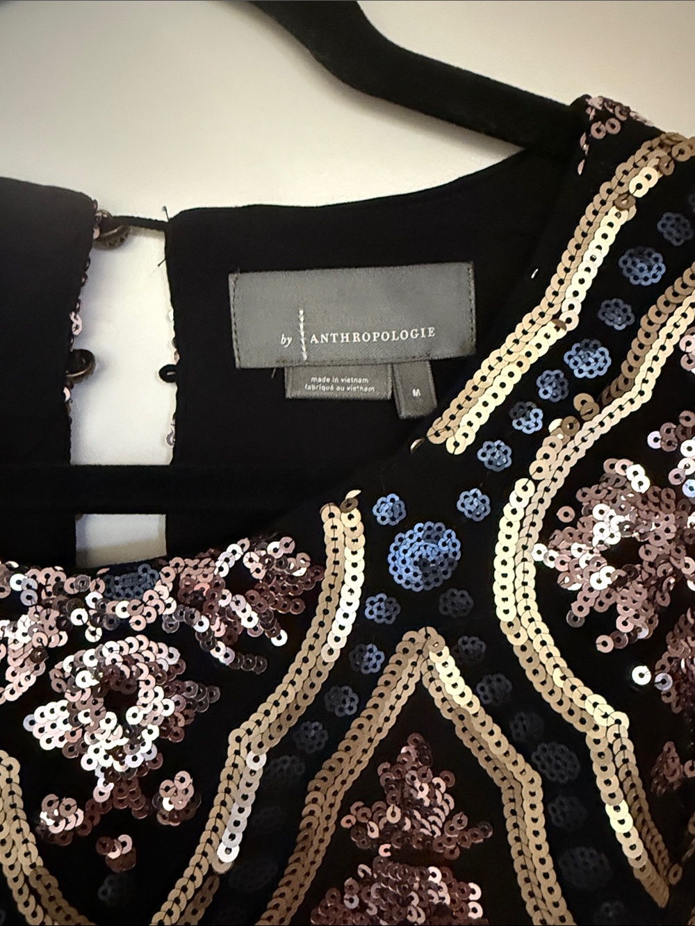 Anthropologie Black Sequin Embroidered Evening Dress with Gold and Rose Accents